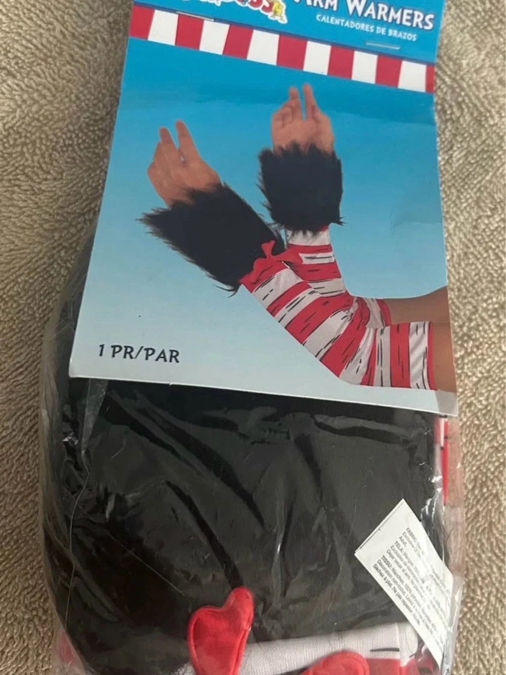 Rubie's Red and White Striped Werewolf Arm Warmers with Black Fur Cuffs - Picture 4 of 5